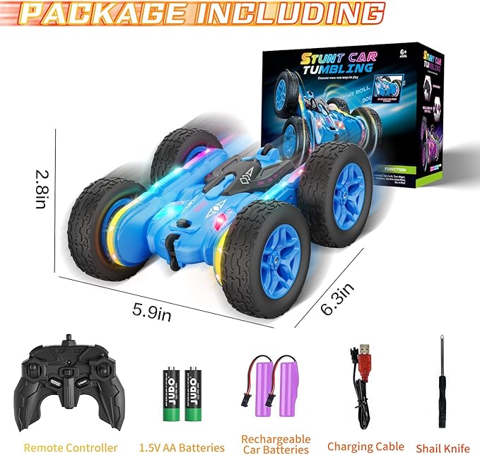 Remote Control Car Rc Cars Stunt Toys New Upgraded Strip Lights and Headlights Toys Double-Sided 360° Rotating 4WD Drift Truck for Boys Girls Birthday Gift (Blue)