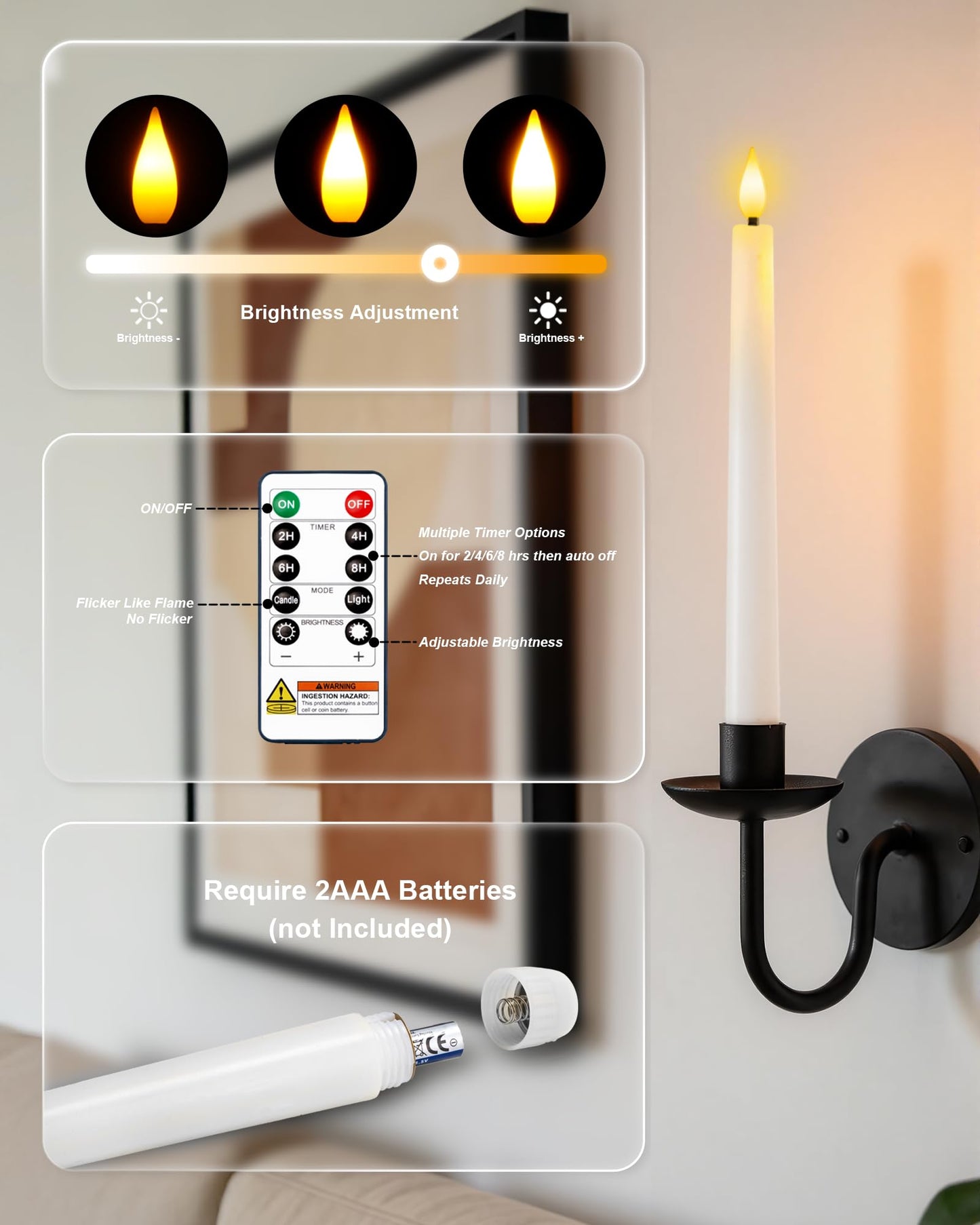 Homemory 3 Pcs Waxy Flameless Taper Candles with Remote, Led Flameless Candlesticks Classic Tall Candles, Flickering Battery Operated Taper Candles for Bedroom, Dining Room, White, 9.6 inches