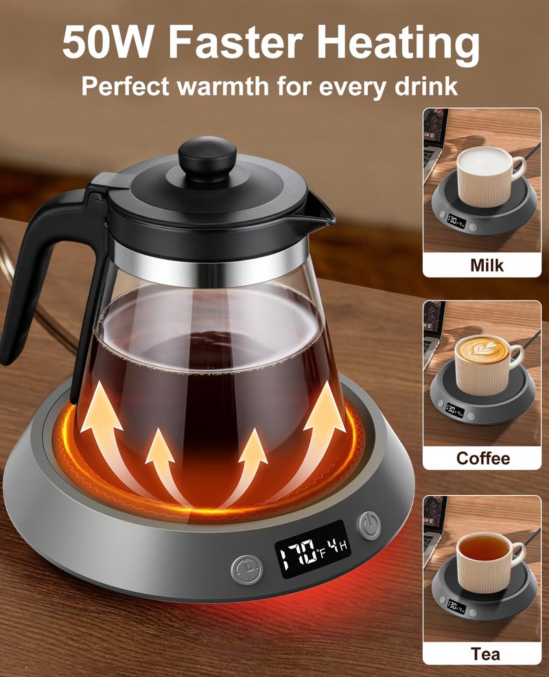 Kepwam Coffee Mug Warmer - 50W Electric Coffee Warmer for Desk 3 Temp Settings & 2-9 Timer Smart Cup Warmer for Desk Candle Warmer Plate with LED Lights Beverage Tea Milk Warmer for Home & Office