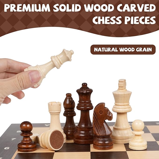 15 Magnetic Wooden Chess Set for KidsAdults & Beginners with 3 King & 2 Extra Queens – Portable Folding Travel Chess Board with Storage – Classic Strategy Game