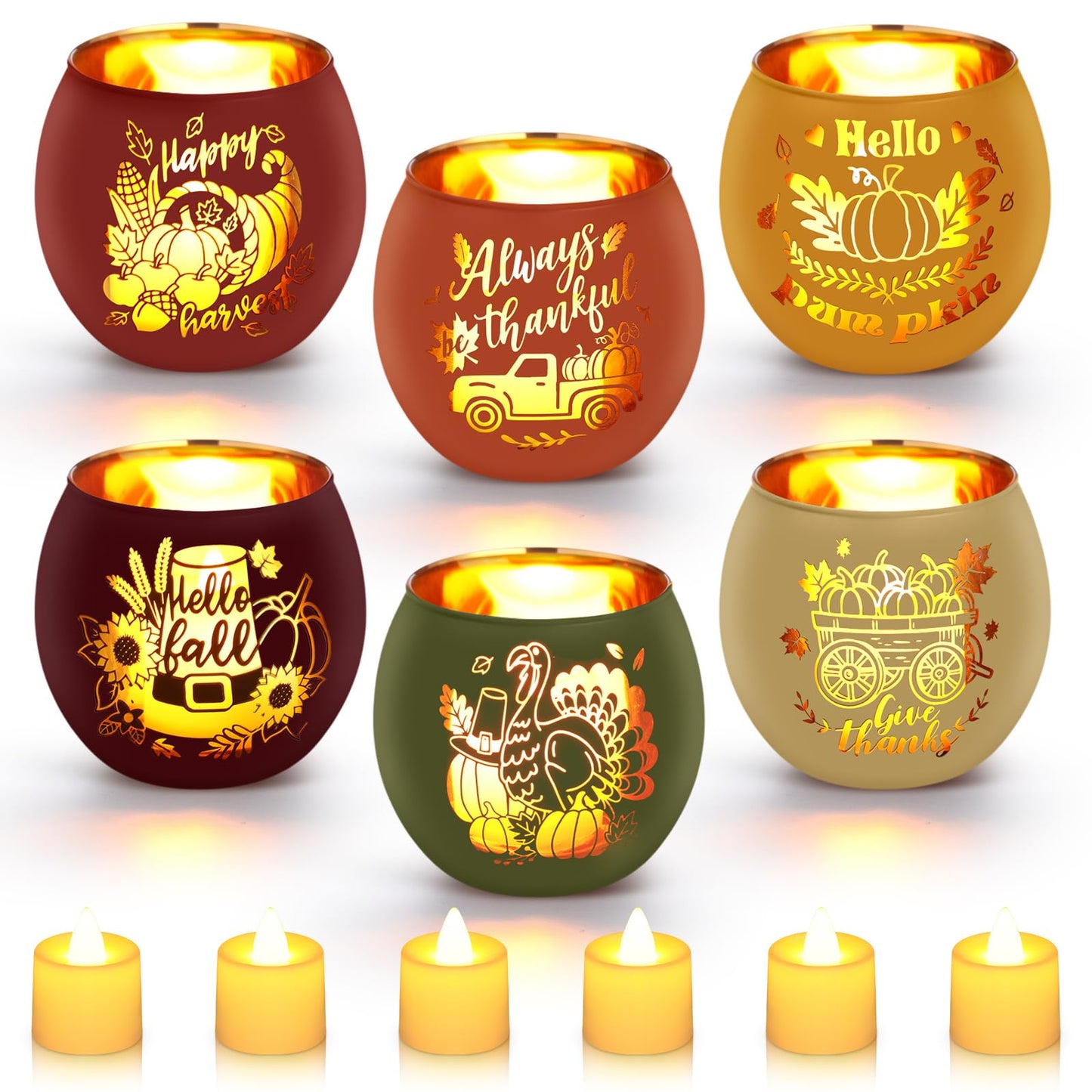 VIHOSE 6 Set Thanksgiving Votive Candle Holders with 6 LED Battery Operated Candles Fall Glass Tealight Holders Fall Table Decorations for Home Table Centerpiece Decor Gifts