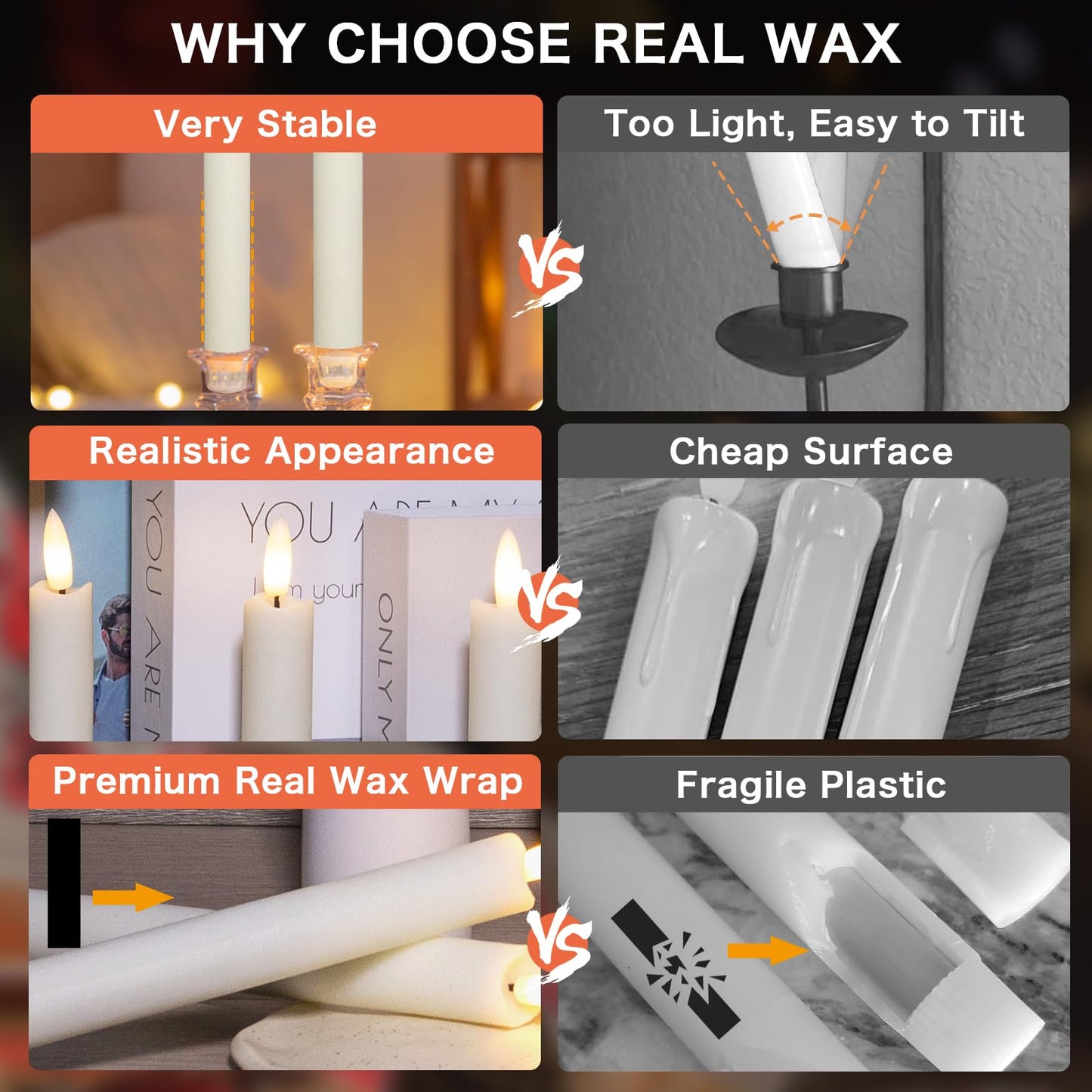 Upgraded Real Wax LED Flameless Taper Candles with Remote, KSWING 6 PCS White Candlesticks Battery Operated 3D Flickering - 9.6" Long Realistic Fake Candle Sticks for Home/Wedding/Fireplace Xmas Decor