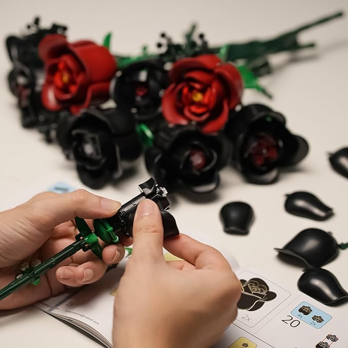 ENJBRICK 12 Pack Gothic Black Roses Building Set Compatible with Lego Red & Black Flower Bouquet with Baby's Breath Unique Romantic Gifts for Women Aesthetic Home Decor