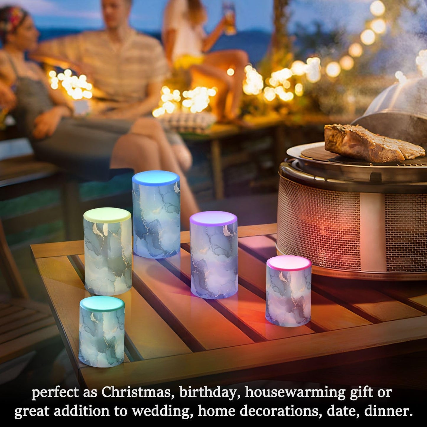 zyrtty 2 Pack Plastic Flameless Candles Abstract Gold Navy Blue Marble Pattern Battery Operated with Remote and Timer Real Wax LED Flickering Pillar Candles Set Window Christmas Holiday Decor