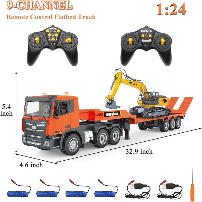 Fistone RC Semi Truck & Excavator Toy Set 2.4Ghz Remote Control Flatbed Truck with Excavator Toys 1:24 RC Semi-Trailer Engineering Tractor with Sound and Lights Construction Vehicles Toy for Bo