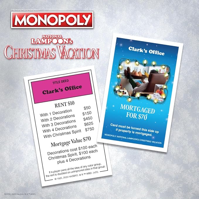 Monopoly National Lampoons Christmas Vacation Featuring Themed Tokens Squirrel Egg Nog Glass Chainsaw & More 2-6 Players Ages 15+ Play Time 60+ Officially Licensed National Lampoons Board G