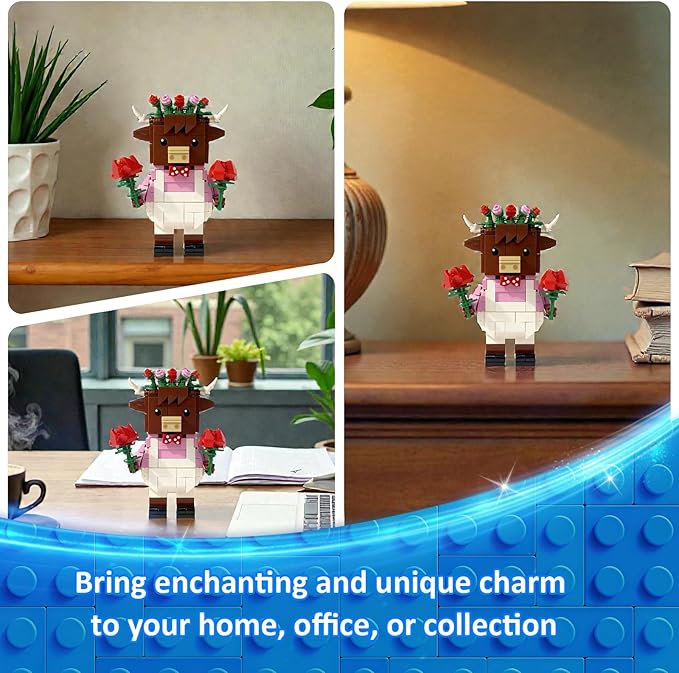 Highland Cow Building Blocks Set Collectible Animal Building Toy Creative Scottish Cow with Roses Brick Set for Adults & Kids(Age 3+) DIY Home Office Decor STEM Education-Gift Ideas