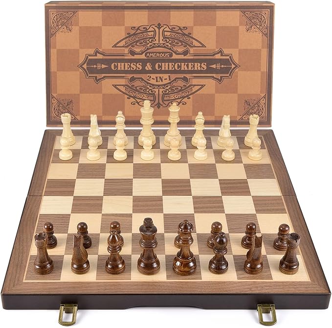 AMEROUS Magnetic Wooden Chess and Checkers Game Set 15 Inches (2 in 1) Chess Board Games 2 Extra Queens - Gift Package - Game Pieces Storage Slots Beginner Chess Set for Kids Adults