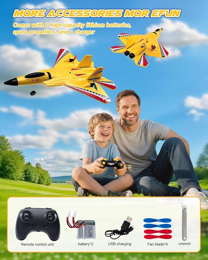 F22 Raptor RC Airplane Durable Foam Remote Control Jet with Gyro & LED Lights 2 Rechargeable Batteries 2.4GHz RC Glider Toy Gift for Kids Boys Girls Adults