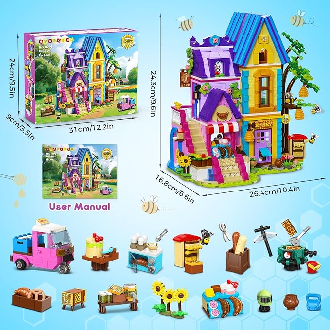 HOGOKIDS Beekeeping & Bakery House Building Toy with LED Light - 1084PCS Friends Girls Baking Building Set with Honey Workshop Pretend Play Birthday for Kid Girls Boys Ages 8-12+ Years