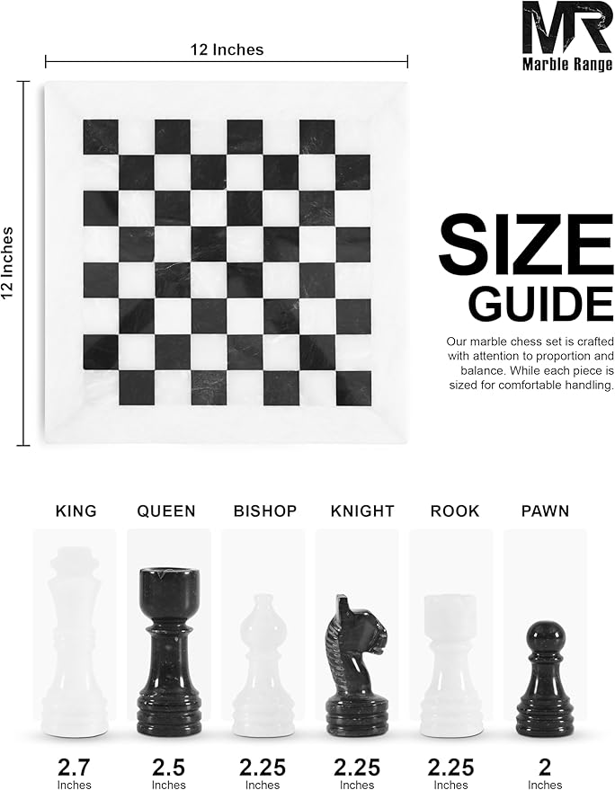 Marble Chess Set for Adults 12 Handmade White & Black Board Game with 32 Chess Pieces 2 Extra Queens & Storage Box Luxury Travel Game Elegant for Home Decor