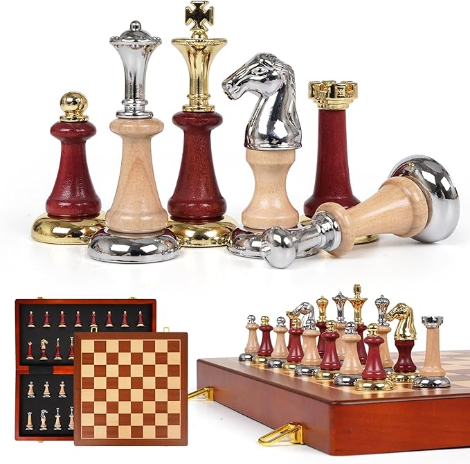 Large Wooden Chess Set with Metal & Wooden Chess Pieces Luxury 17 Inch Chess Board Game with 2 Extra Queens Premium Classic Strategy Board Game for Adults Kids Beginners & Gift Lovers