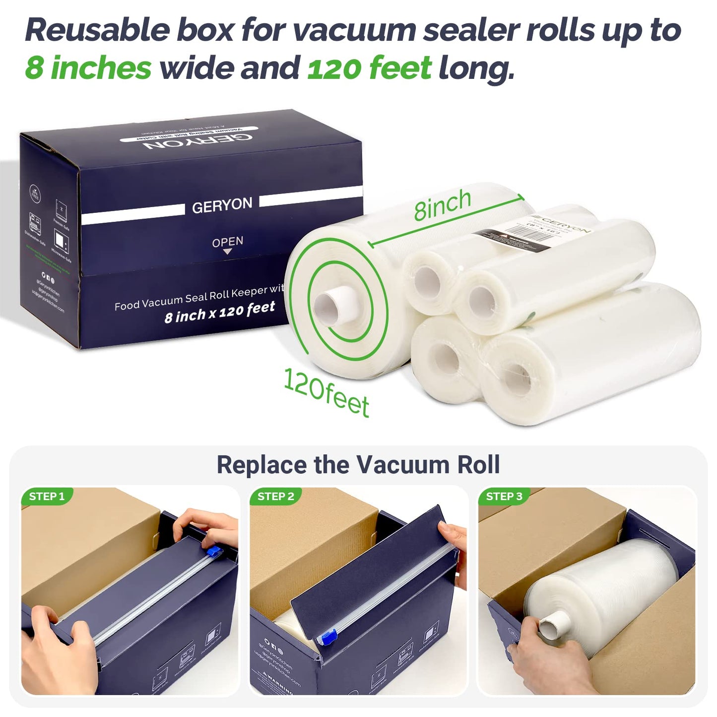GERYON Vacuum Sealer Bags for All Food Vacuum Sealer Machine, 2 Pack 8" x 16' Vac Sealer Rolls, Commercial Grade BPA-Free Material for Sous Vide & Saver Storage