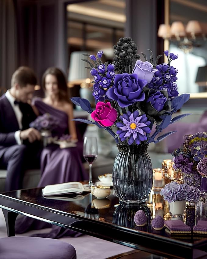 Purple Rose Bouquet Building Set Artificial Floral Building Toys for Gothic Home Decor Ideal Gift for Halloween & Christmas Compatible with Lego Flower Set for Adults Women and Teen Girls