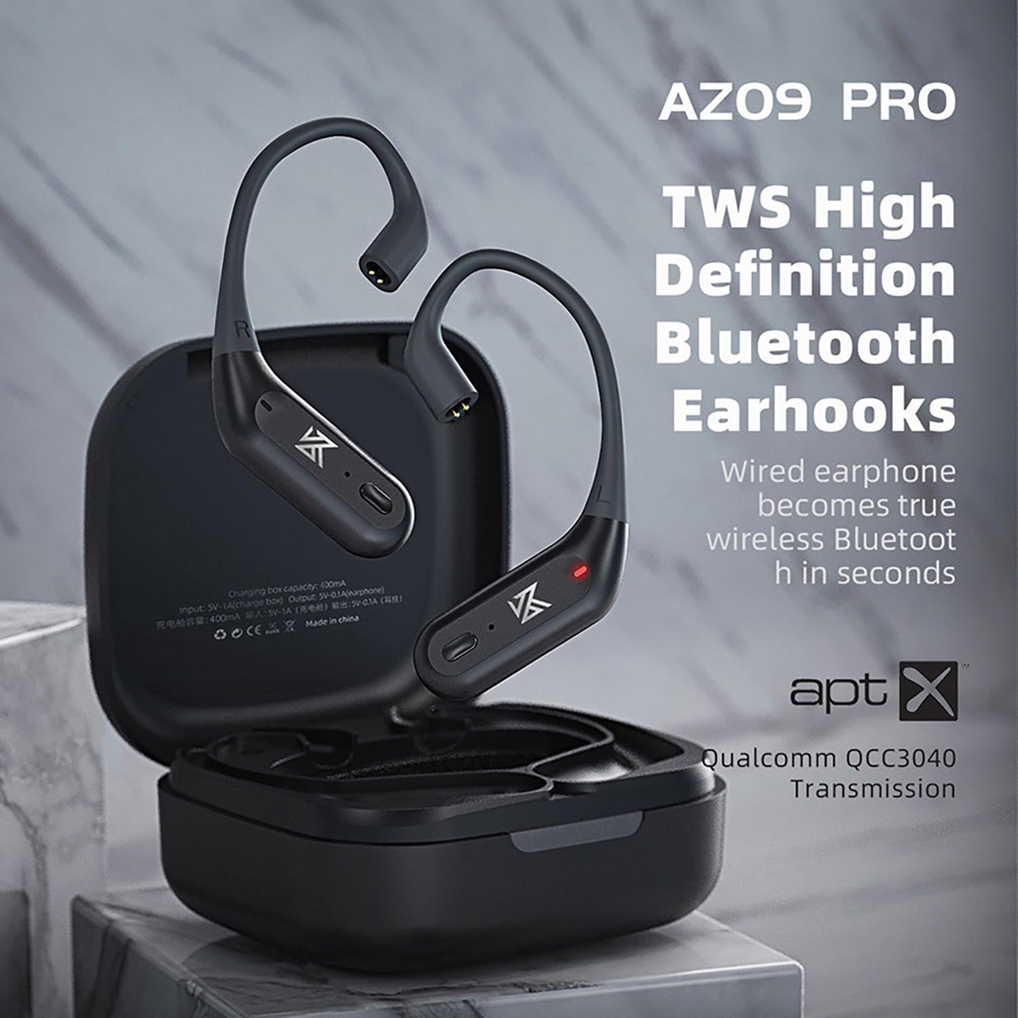 CCA KZ AZ09 PRO Bluetooth 5.2 Module IEM Bluetooth Adapter Waterproof Ear Hook Extra Long Battery Life Cable for KZ ZS10 PRO/ZSN Pro X/ZSN PRO/ZEX PRO/AS16 PRO/Zax/DQ6 Polaris/C12/CRA PRO(C pin)