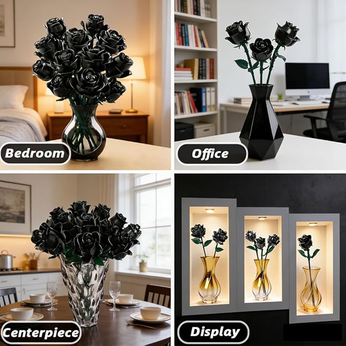 Black Roses Compatible with Lego Roses Bouquet Valentines Day Gifts for Her WomenGirlfriend Wife or Couples Gothic Decor Legi Flowers(No Vase)