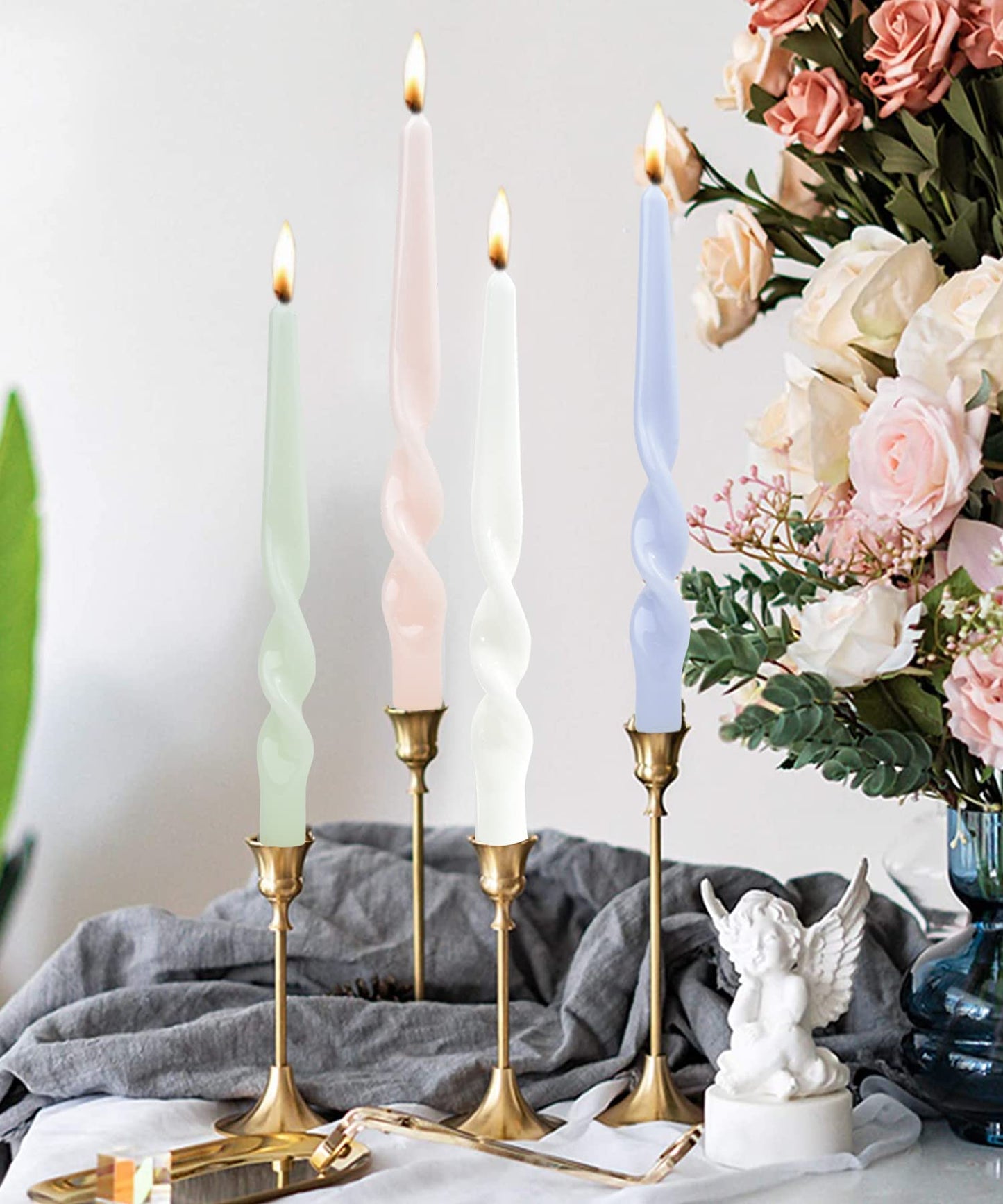 LPUSA White Spiral Taper Candles Twisted Candle Conical Stick Candles for Holiday Wedding Party Wax Unscented Dinner Candle Dripless,Birthday Gift Christmas Gift H 10 Inch,4pcs(White-A)