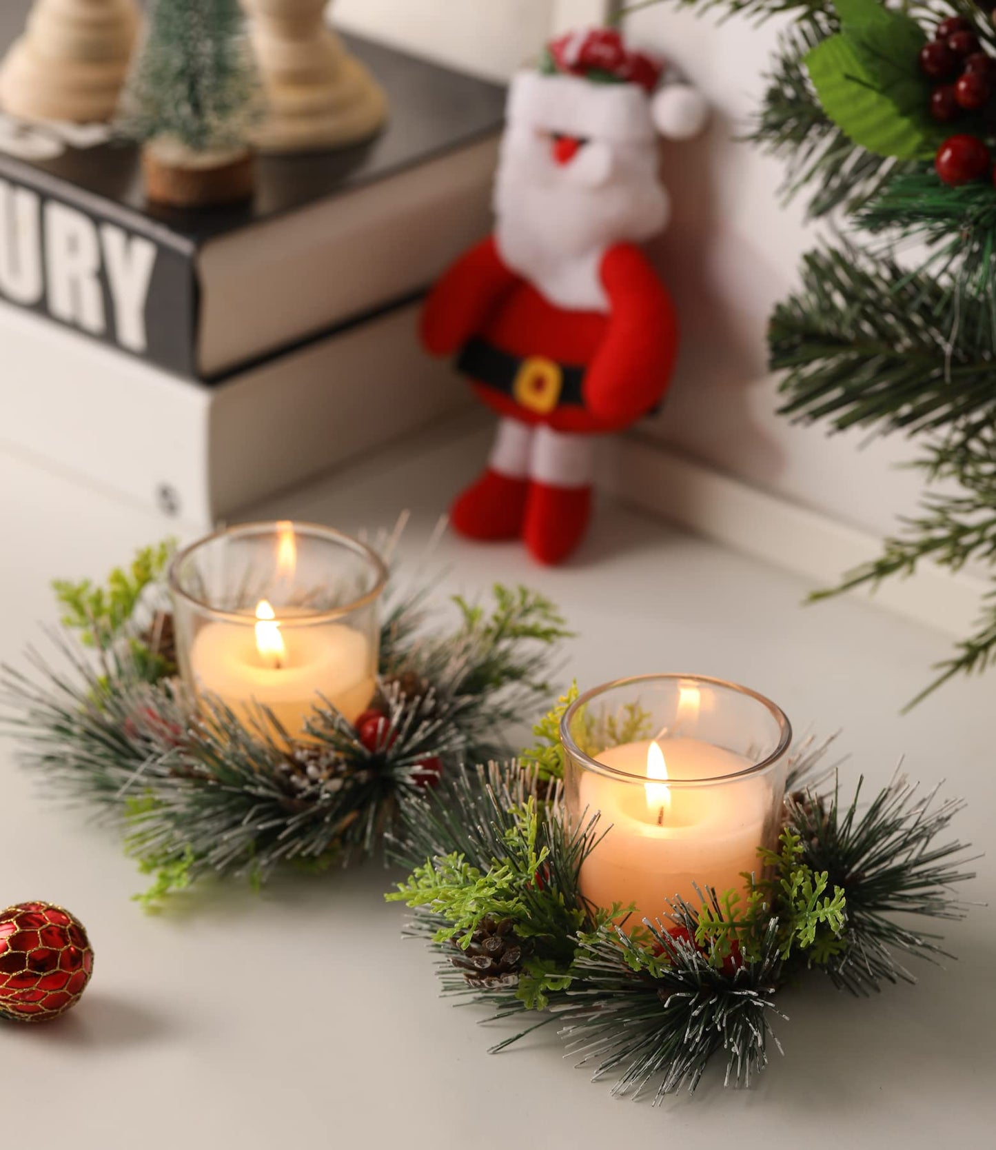 Christmas Candle Ring, 4 Pcs Votive Candle with Red Berry Pinecone, Xmas Ring Candle for Table Centerpiece Decoration Wedding Holiday,Clear