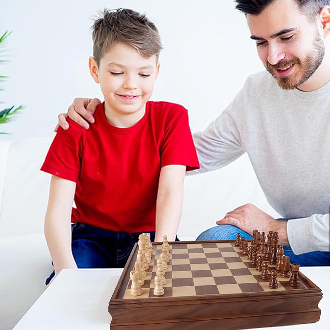 GSE Games & Sports Expert 15 Large Wooden 2-in-1 Chess & Checkers Board Game Combo Set with Drawer Board Games Chess Checker Set for Kids & Adults