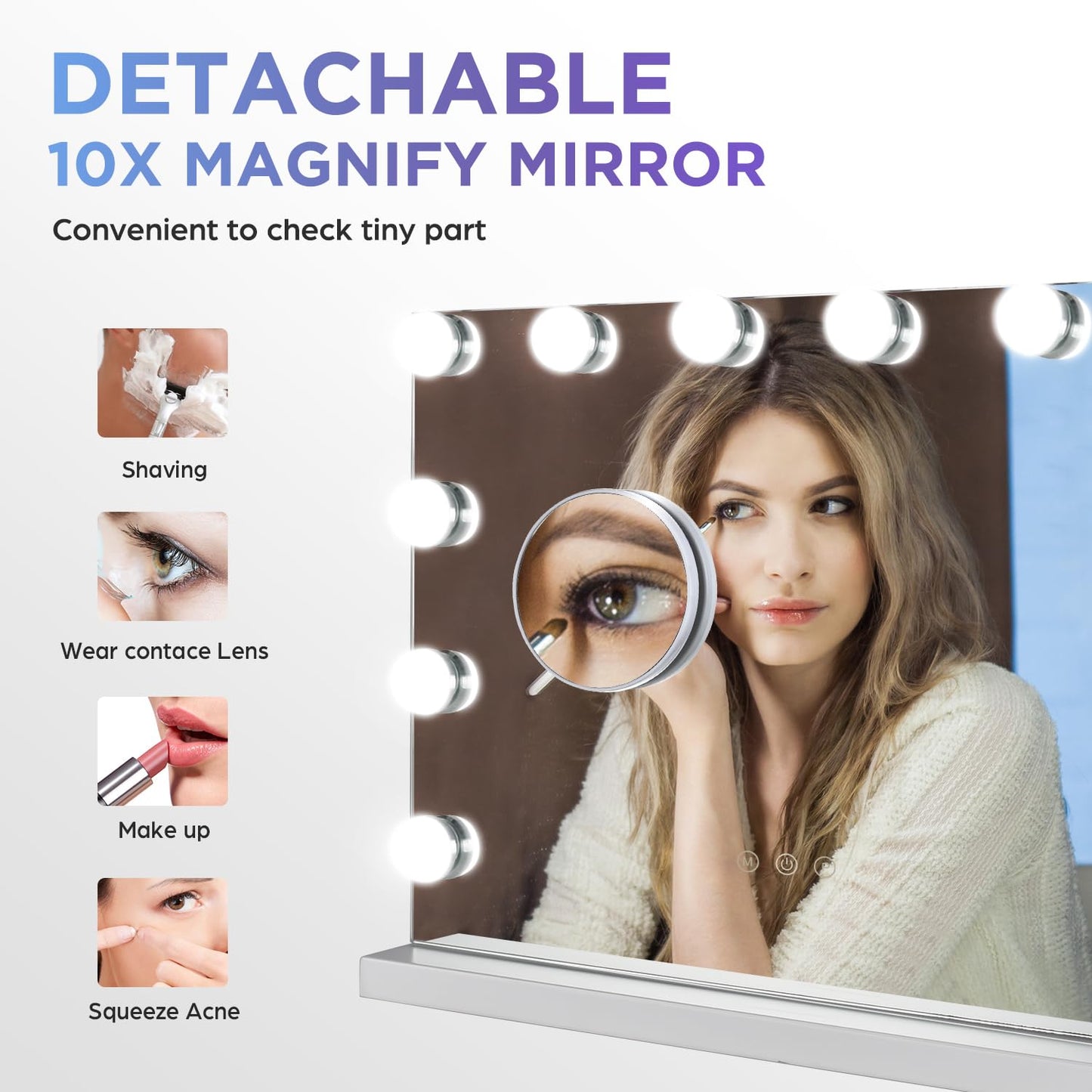 M MIVONDA Vanity Makeup Mirror with Lights: Hollywood Mirror with 15LED Bulbs - Large 23”x19” Desk Mirror for Wall, Dimmable 3 Lighting Modes, Plug-in and USB Charger Port, White