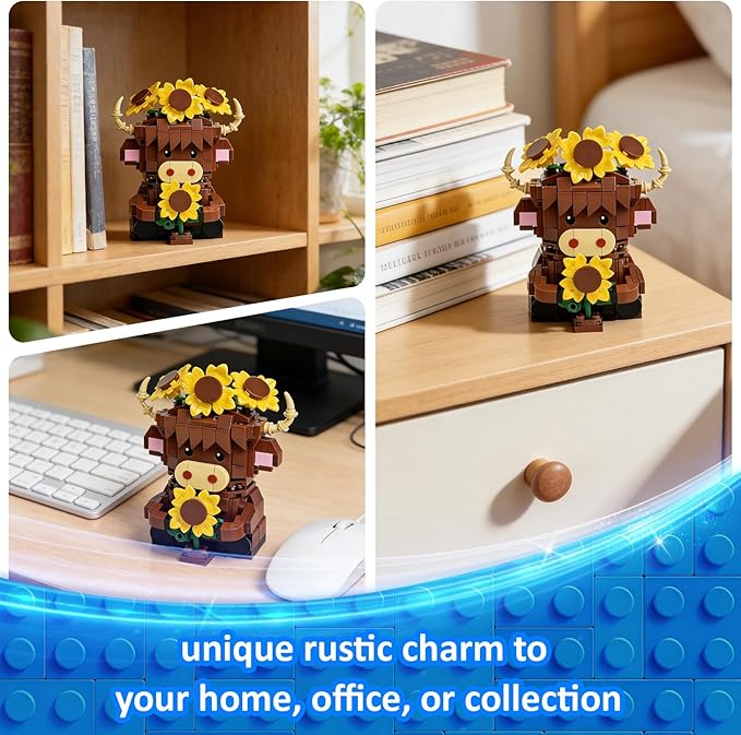 Highland Cow Building Blocks Set Collectible Animal Building Toy Creative Scottish Cow Sunflower Brick Set for Adults & Kids (Age 3+) DIY Home Office Decor STEM Education-Gift Ideas