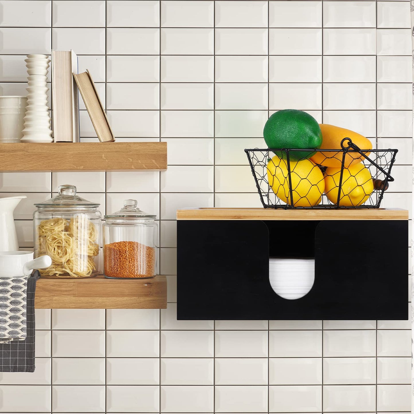 TURSTIN Wood Paper Towel Dispenser Folded Paper Towel Holder with Lid for Countertop and Wall Mounted, Wall Mount Napkin Holders for Home. Bathroom, Kitchen, White