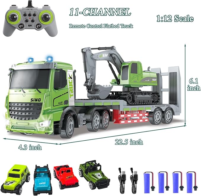 Fistone RC Semi-Trailer Truck & Excavator Toy Set 1:12 Scale with Sound and Lights 11CH 2.4Ghz Remote Control Flatbed Truck and Excavator Toys Great Gift for Kids Boys