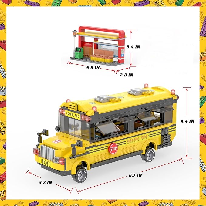 School Bus Building Blocks Set City School Day Bus Construction Playset with School Bus & Station Education Learning Roleplay STEM Brick Toys Ideal Gift for Kids Boys Girls Aged 6+ (488 Pieces)