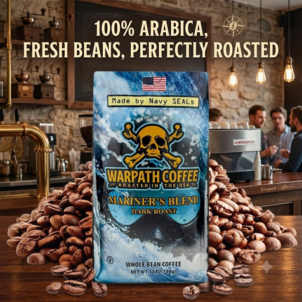 Warpath Coffee Dark Roast Whole Bean Coffee, Mariner's Blend, High Caffeine, Extra Strong Roasted 100% Arabica Coffee Beans Whole, Rich Aroma, Full-Bodied Intense Cup, Created by Navy SEALs, 12oz