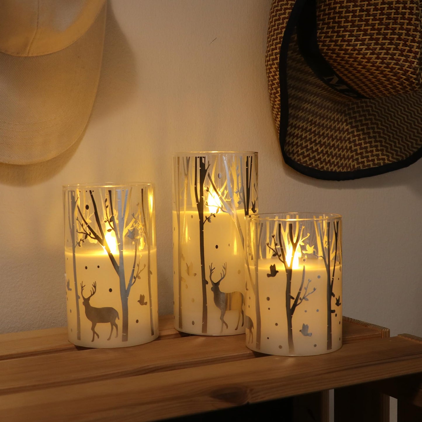 Rhytsing Silver Reindeer Design Glass Battery Operated LED Candles with 6H Timer, Christmas Flameless Candles with Warm White Light, Batteries Included - Set of 3