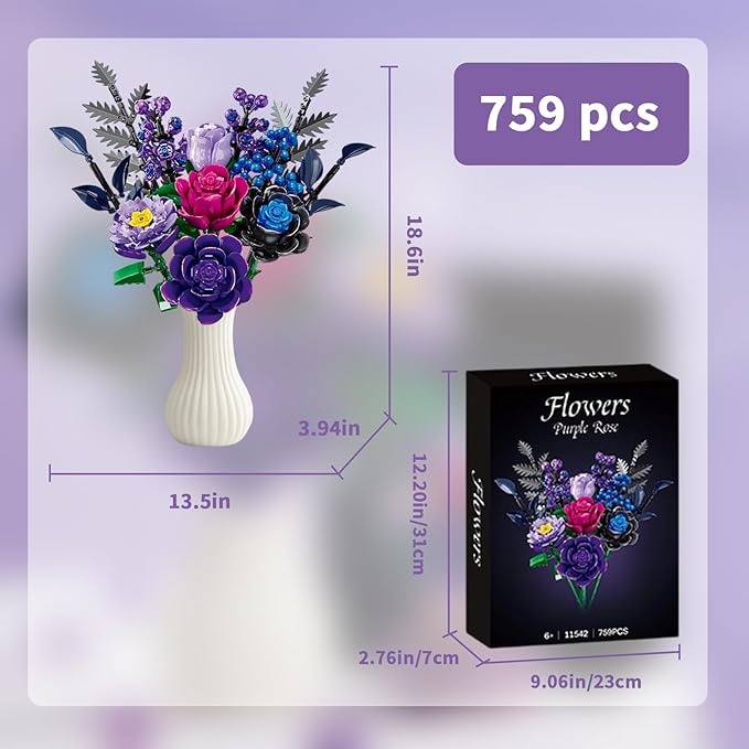 759 Pcs Purple Rose Flower Bouquet Building Set Botanical Collection Kit Artificial Fake Flowers Blocks Home Table Decor Aesthetic for Valentine's Day Birthday DIY Craft Floral Gift Without Vase