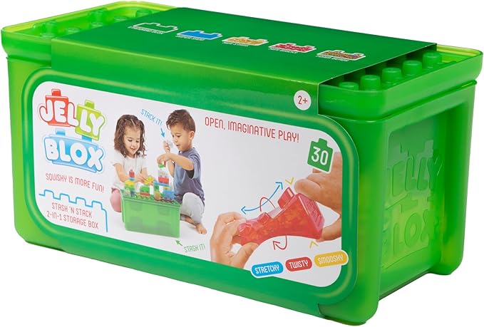 Jelly Blox Stash 'N Stack 2-in-1 Storage Case with 30 Blocks | Toddler & Preschool Building Blocks Kids Can Squeeze & Stretch | MESH ACCREDITED | Safety Tested & Ouch-Free | Sensory Play T