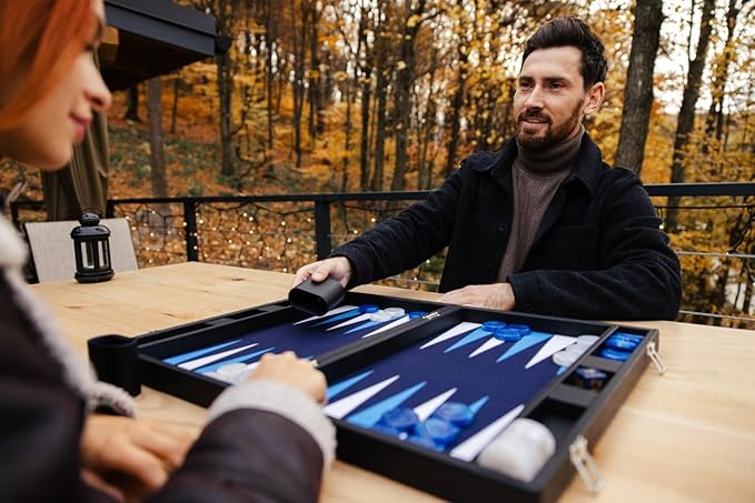 19 Inch Premium Backgammon Sets for Adults Leather Black - Blue. Premium 1.6 Inch Checkers & Dice Set Travel Backgammon Set Large Backgammon Board Game Backgammon Game Set