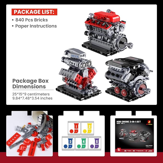 JMBricklayer 3-in-1 Mini Engine Model Car Kits that Runs V8 V12 W16 Engine Kits for Adults & Teens Physical Science Experiment STEM Toy Collectible Engineering Gifts for Car Lovers 840PCS