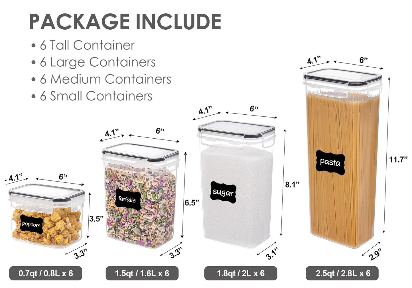 Airtight Food Storage Containers with Lids, Vtopmart 24 pcs Plastic Kitchen and Pantry Organization Canisters for Cereal, Dry Food, Flour and Sugar, BPA Free, Includes 24 Labels,Black