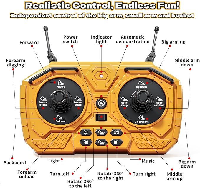 RC Excavator Toys for 3 4 5 6 7 8 Year Old Toddler Boys 15 Channel Remote Control Construction Toys W/Sandbox & 2.2 lb Sands Sandbox Toys W/Light & Sound Birthday Gift for Kids Boys Age 4-6