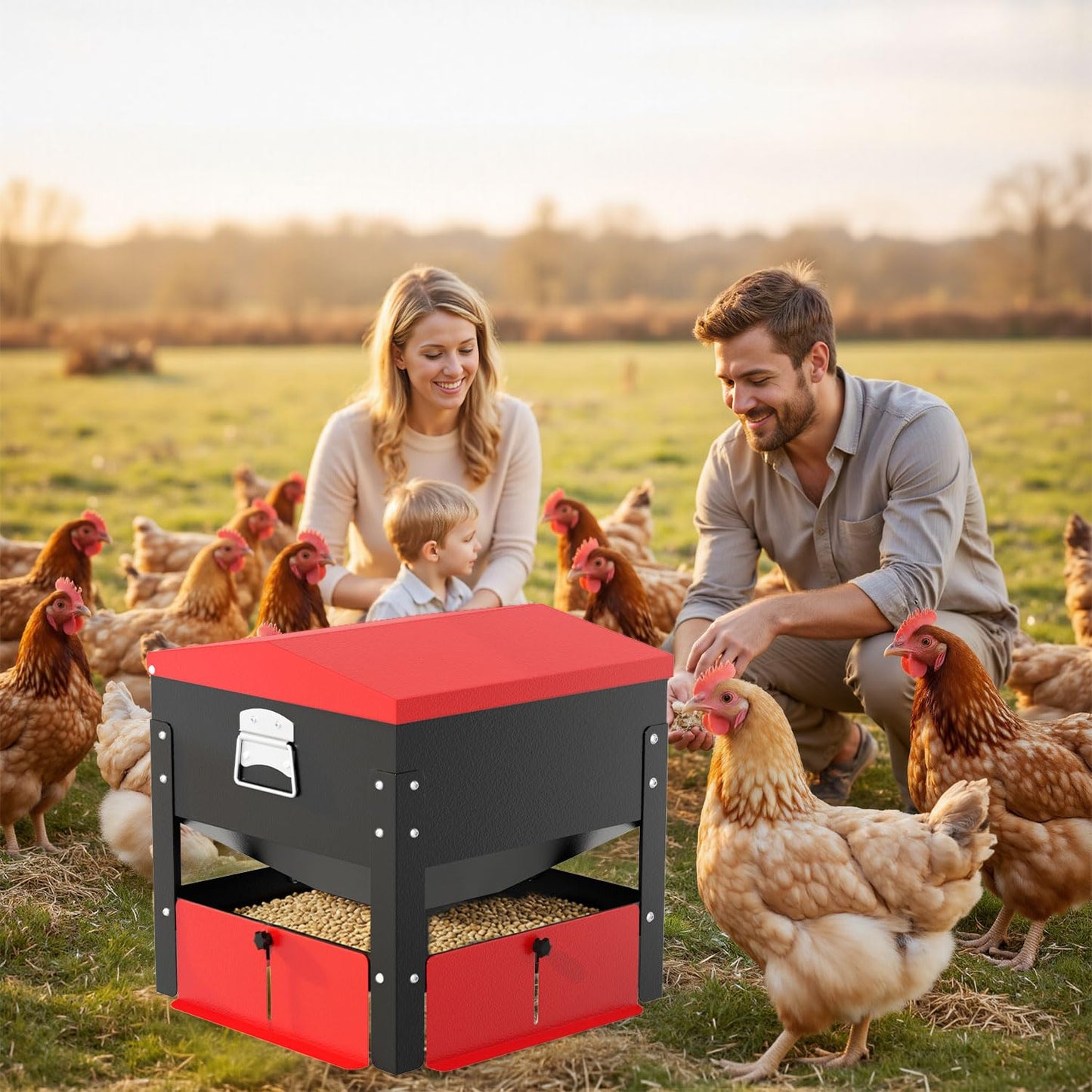 100lbs Automatic Chicken Feeder, Heavy Duty Galvanized Steel Poultry Feeder, Weatherproof & Secure-Lid for Outdoor Use, No Waste & Rodent-Proof for Chickens, Ducks, Turkeys