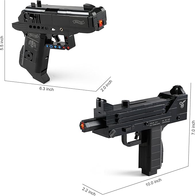 Walther PPK & MAC-10 Building Blocks Gun Sets Compatible with Lego Featuring 2 Guns Models Gift Ideas for Military Fans Kids 8+ & Adults