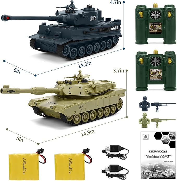 RC Battle Tank Set 1/28 Scale Remote Control Tank with Infrared Shoot Sounds Lights M1A2 Abrams & WW2 German Tiger Army Tanks Military Toy for Kids Aged 6 to 12