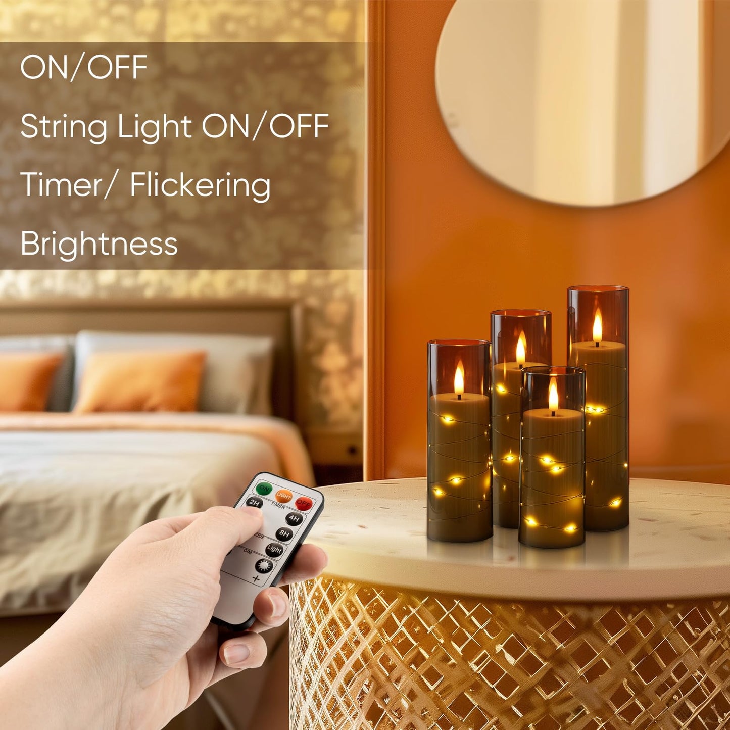 Homemory 12Pcs Flameless Candles with Star String Fairy Lights, Flickering Battery Operated Candles, LED Fake Candles with Remote and Timer, Halloween, Weddings, Home Decor, Grey