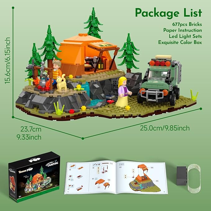 Mountain Camping Building Set with Light Outdoor Adventure Scene Toy with Camp Tent Camper Van Campfirre Creative Home Decor & Display Xmas Birthday Gift for Adults Teens Camping Lovers 677