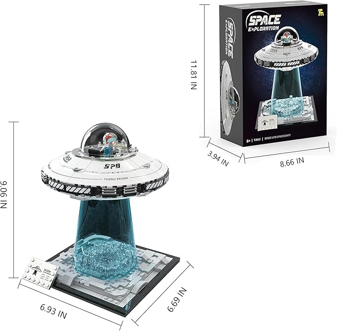UFO Spaceship Building Block Set Creative UFO&Alien Building Set Space Exploration Spaceship Brick Dual LED Lights and Transparent Base Model for UFO Lover CollectionGifts for Ages 8+
