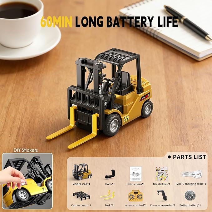 1/64 RC Forklift ToyMini Forklift Remote Control & Phone App Controled2-in-1 Transformable Lift Fork & Hook10CH Alloy RC Construction Vehicles With Lights & SoundsToy Gift for TeensAd