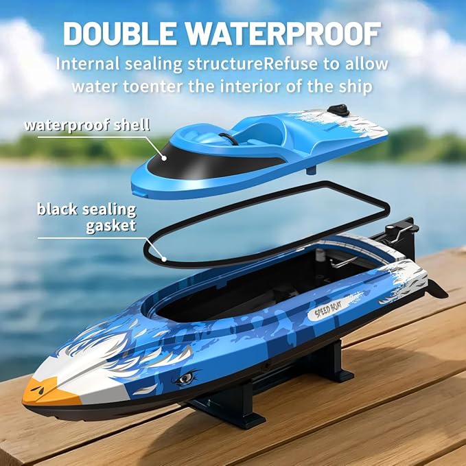 RC Boat 25KM/H High Speed Waterproof Remote Control BoatWater Cooling 2.4GHz Remote 2 Batteries LED Lights One-Key Flip Low Battery & Out-of-Range Alarm Pool & Lake Racing for Kids &