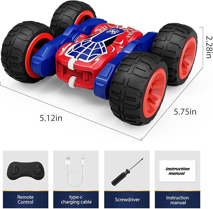 Tecnock Spider Remote Control Car 2.4GHz RC Cars with USB-C Easy Charging 4WD Double Sided 360° Rotates & Flips RC Stunt Car Toys Gift for Boys and Girls Ages 6-8 8-12