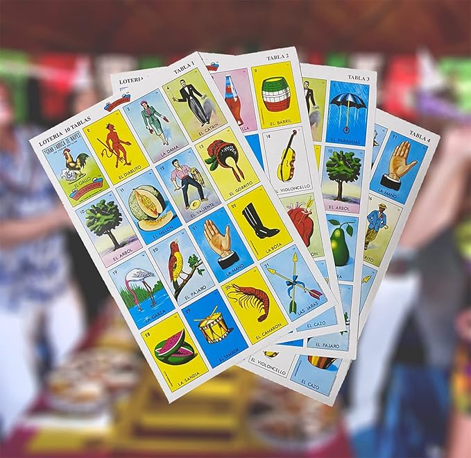 Loteria Mexicana Tradicional Jumbo Don Clemente para 10 Jugadores con 100 Monedas - Jumbo Size Mexican Bingo Set with 100 Counting Chips Plastic Coins for 10 Players with Deck of Cards and Boards
