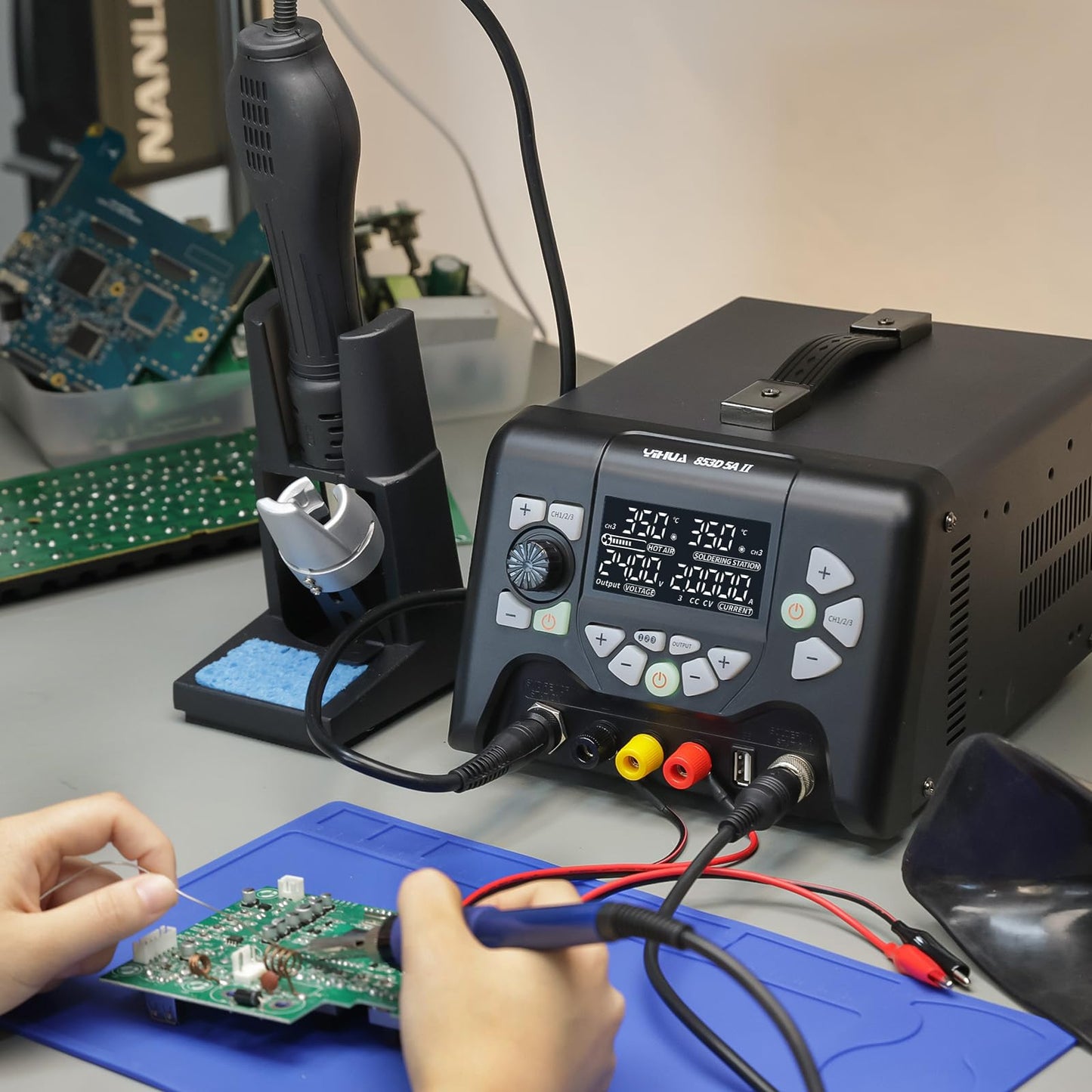YIHUA 853D 5A-II 3 in 1 Hot Air Rework Soldering Iron Station and DC Power Supply 30V 5A -°F /°C Multiple Functions