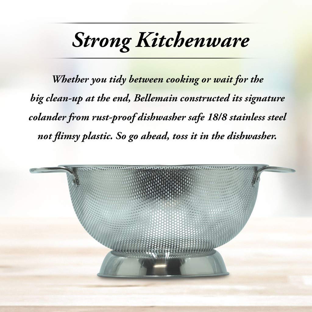 Bellemain 3 Qt Metal Colander with Handle | Pasta, Spaghetti, Berry, Fruit, Vegetable, Kitchen Food Strainer Basket | 18/8 Stainless Steel Colander Bowl | Pot Drainer for Cooking, Sifter Strainer