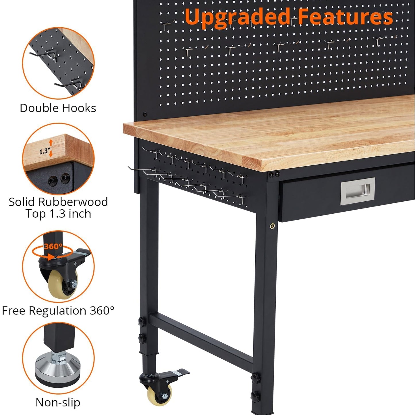 48" Adjustable Workbench with Wheels, 2000 LB Capacity, Power Outlets, Solid Hardwood Top, Heavy Duty Garage Work Table for Workshop, Home Office, DIY