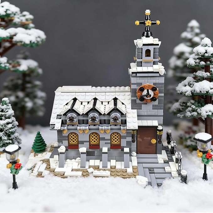 Winter Chapel Architecture Building Blocks Set Christmas Themed MOC Snow Village Church House Model Kit Vacation Holiday Building Gift for Adults Women & Teens (1074pcs)